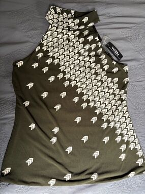 White House Black Market Olive Chevron-Pattern Sleeveless Mock Neck Tank